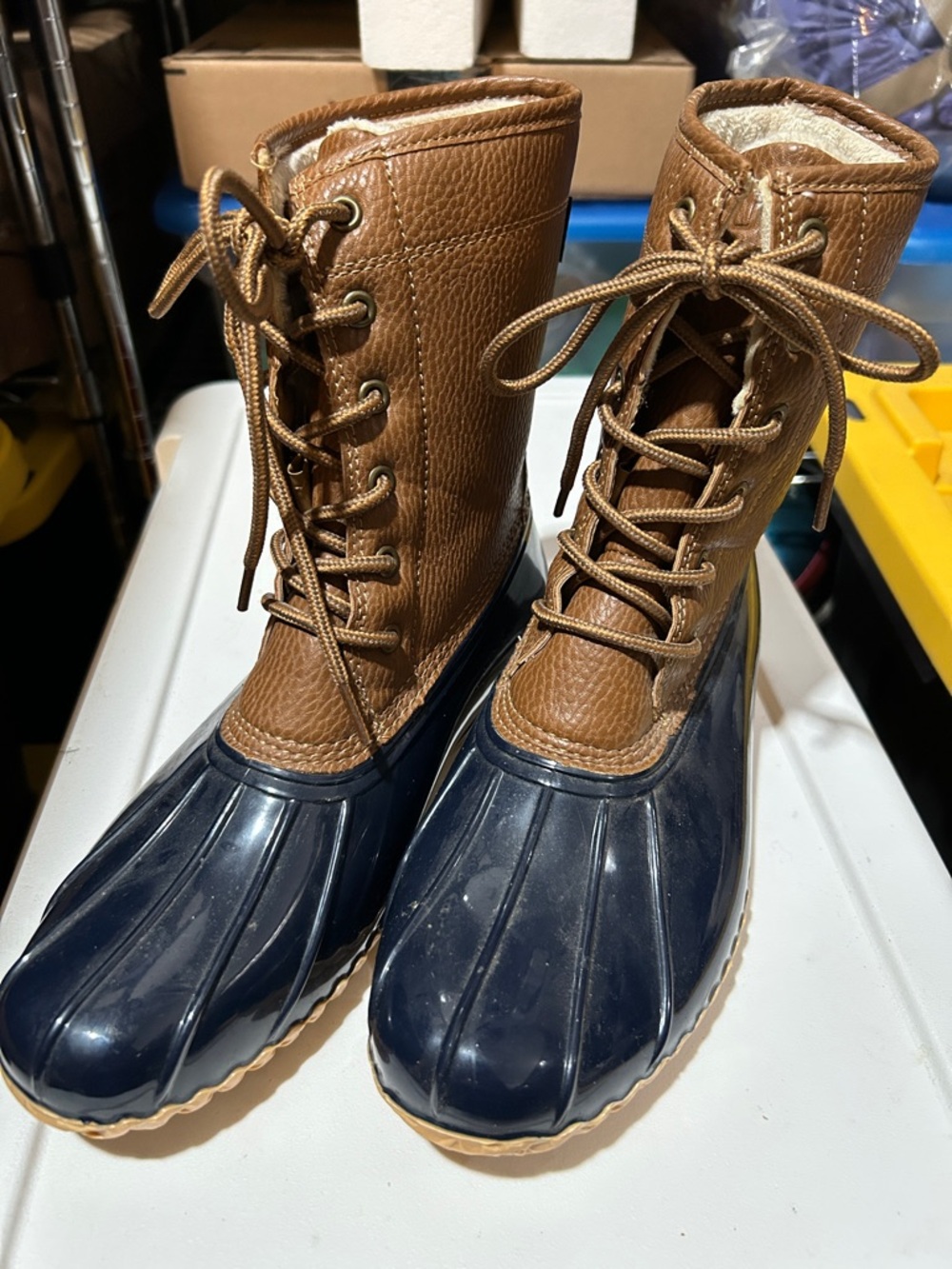 Jambu Brown Leather and Navy Duck Boots